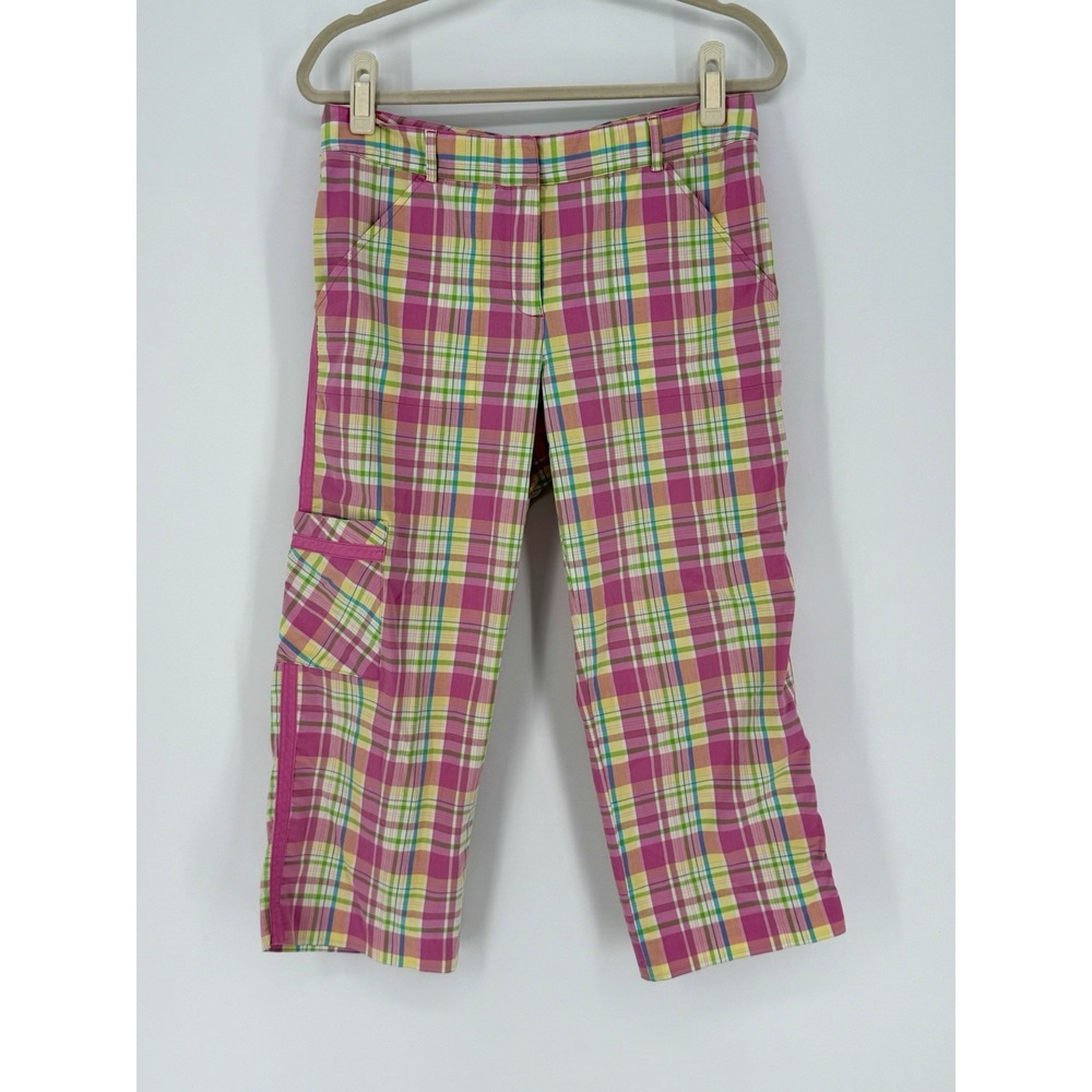 Vintage Lilly Pulitzer Capri Pants Sz 8 Madras Plaid Pink Green Crop WHITE LABEL